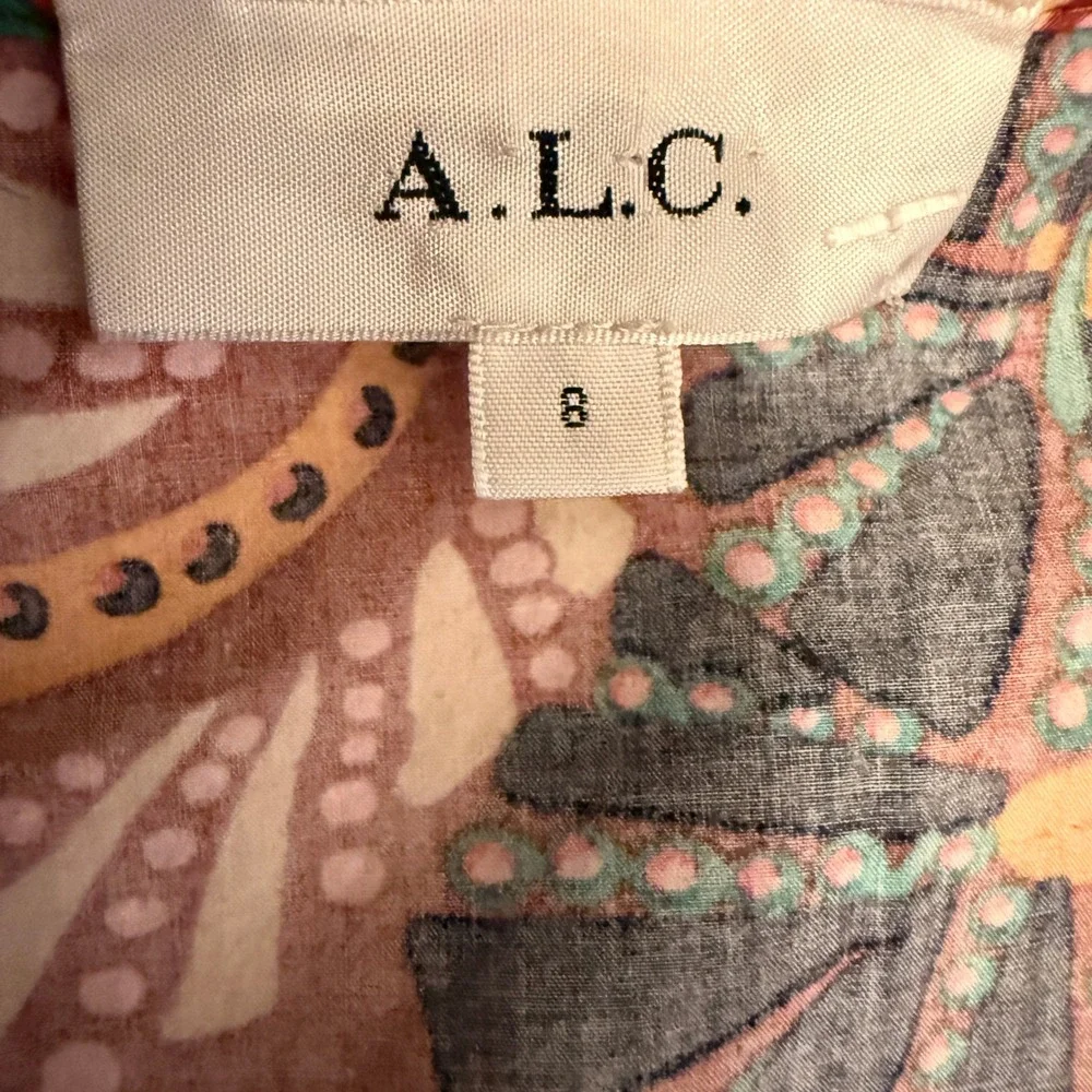 A.L.C. Maya Cotton Mini Dress Womens 8 Brown Abstract Floral Puff Sleeve Belted
